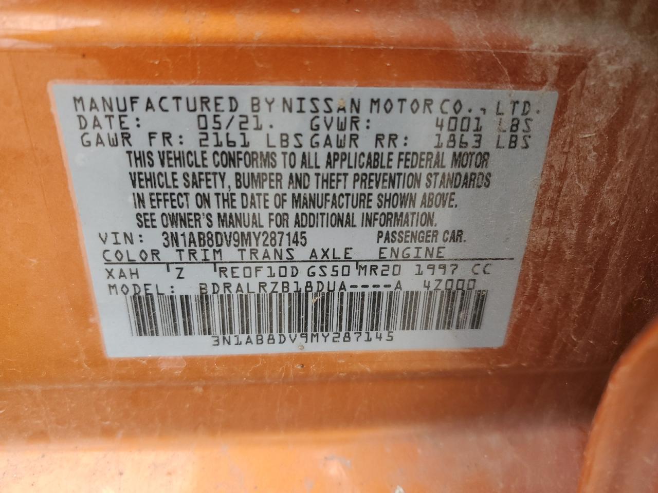 2021 Nissan Sentra VIN 3N1AB8DV9MY287145 Copart auction photo, all over damage thumbnail 14