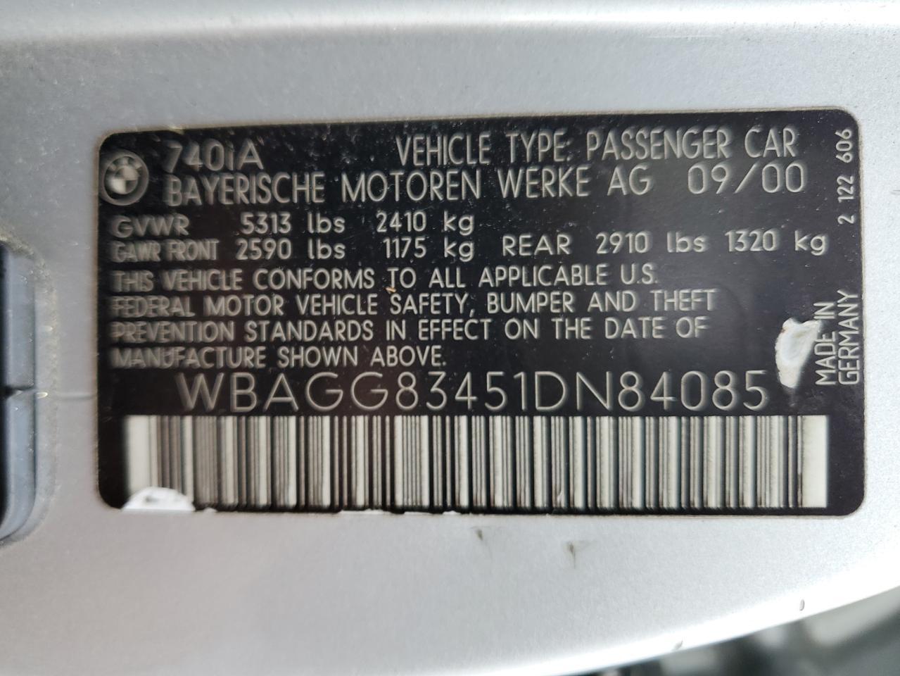 2001 BMW 7er VIN WBAGG83451DN84085 Copart auction photo, minor dent/scratches damage thumbnail 12