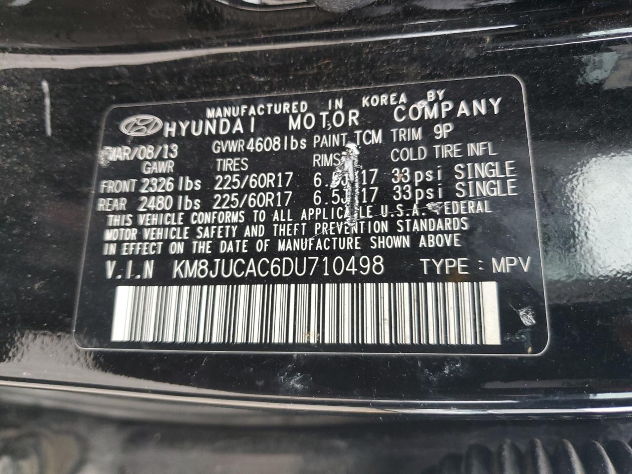 2013 Hyundai Tucson VIN KM8JUCAC6DU710498 Copart auction photo, all over damage thumbnail 15