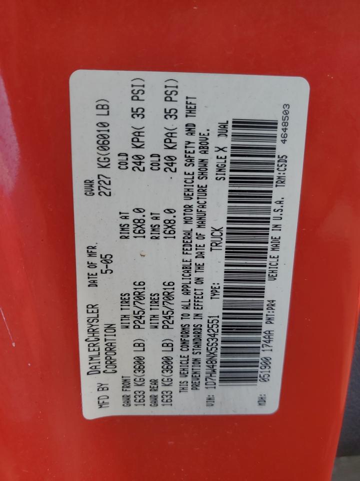 2005 Dodge Dakota VIN 1D7HW48NX5S342551 Copart auction photo, rear end damage thumbnail 14