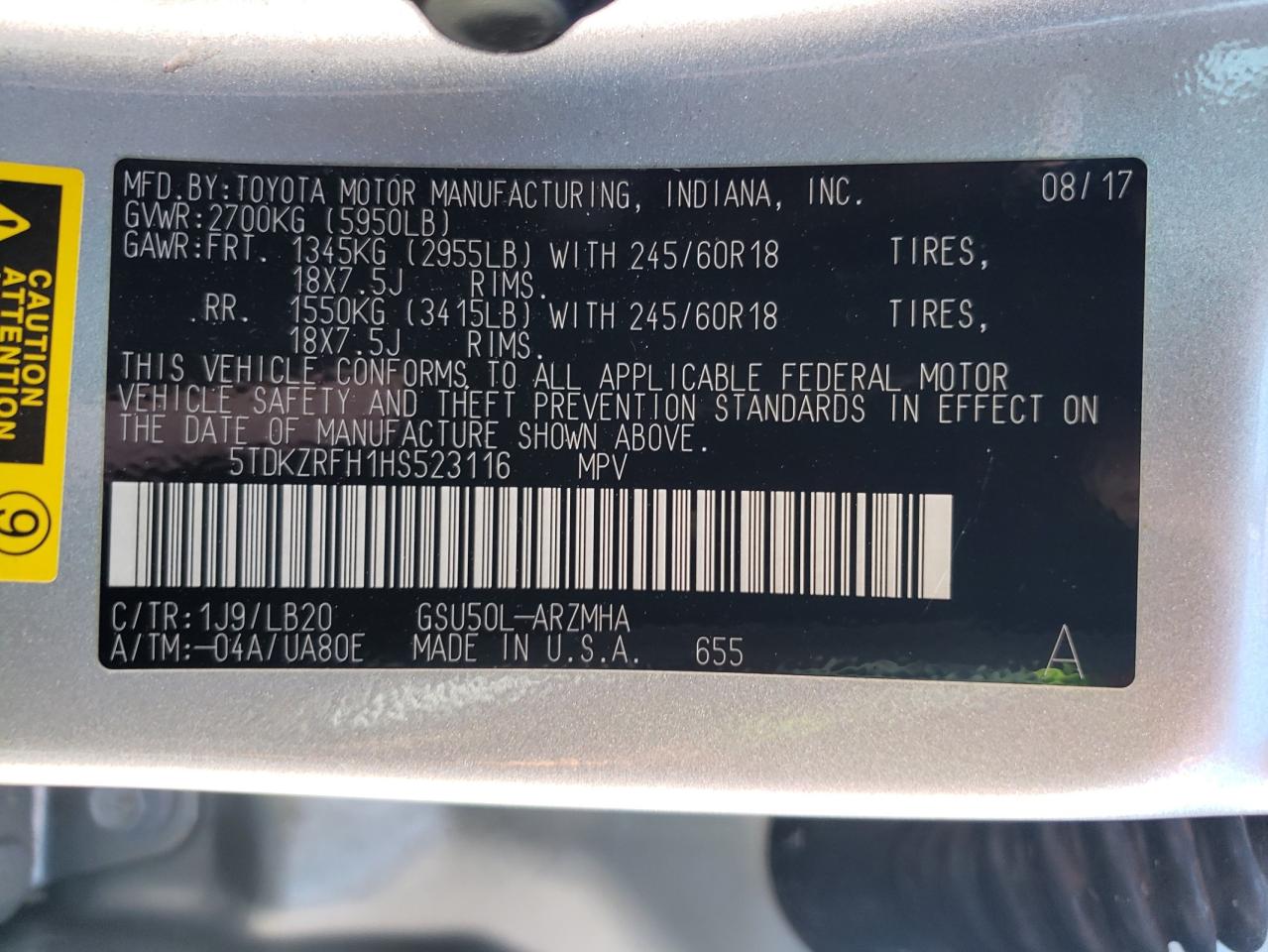 2017 Toyota Highlander VIN 5TDKZRFH1HS523116 Copart auction photo, rear end damage thumbnail 14
