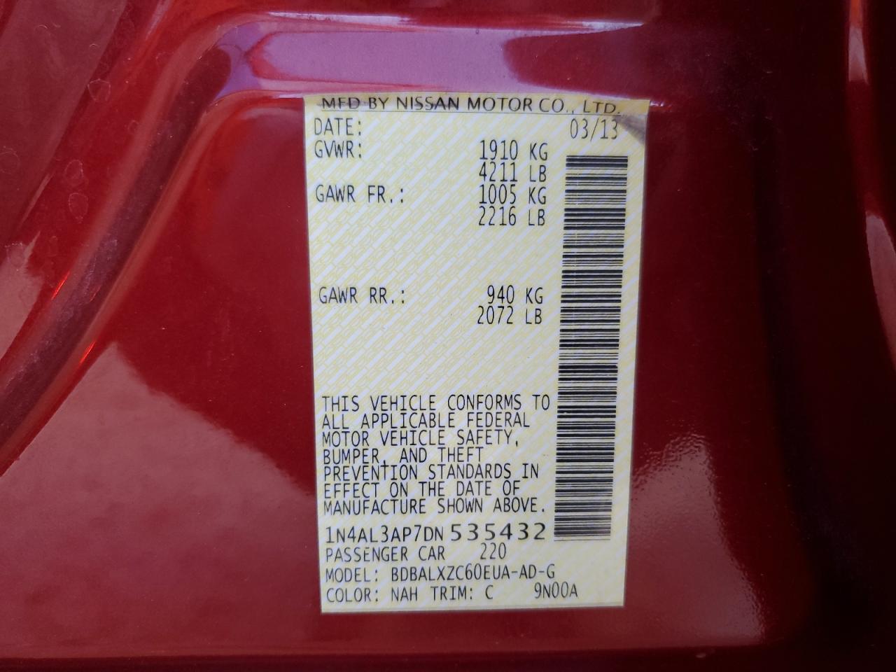 2013 Nissan Altima VIN 1N4AL3AP7DN535432 Copart auction photo, front end / minor dent/scratches damage thumbnail 13