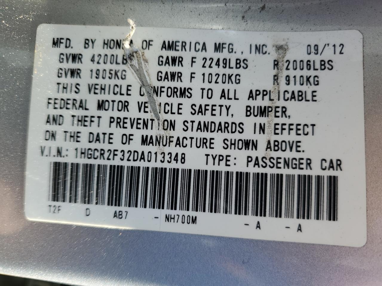 2013 Honda Accord VIN 1HGCR2F32DA013348 Copart auction photo, rear end damage thumbnail 13