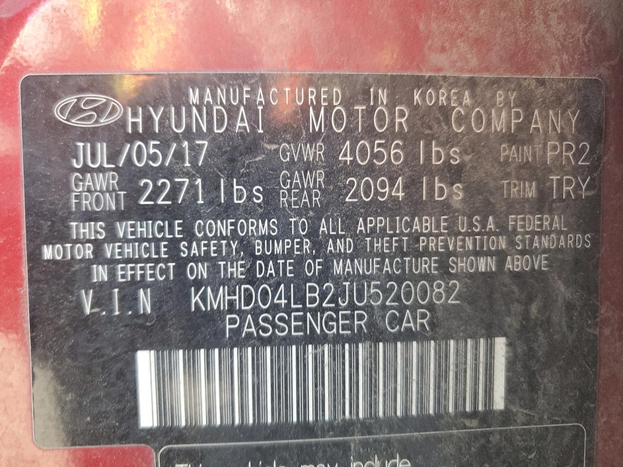 2018 Hyundai Elantra VIN KMHD04LB2JU520082 Copart auction photo, front end damage thumbnail 15