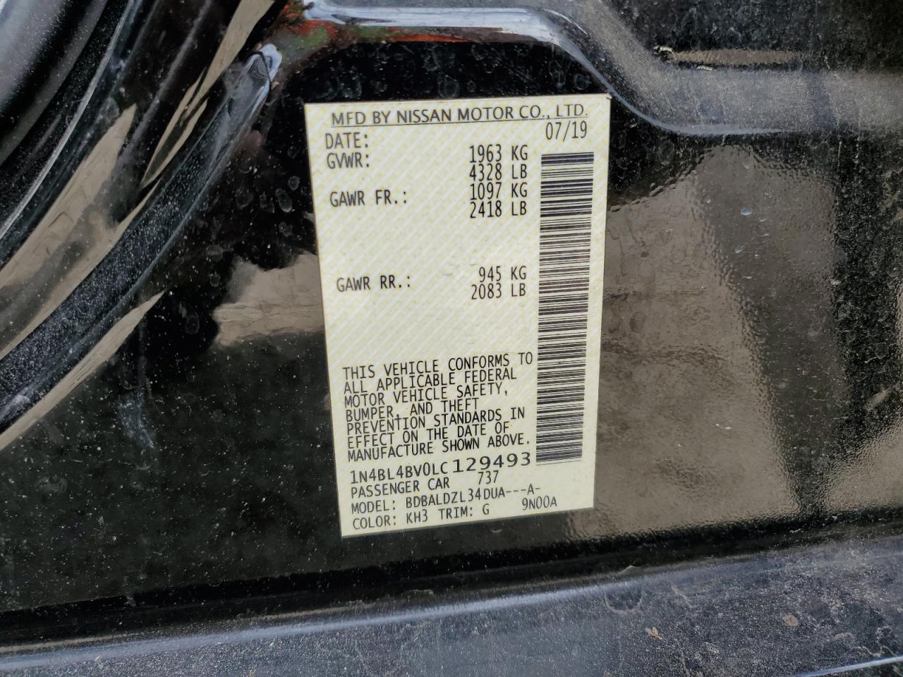 2020 Nissan Altima VIN 1N4BL4BV0LC129493 Copart auction photo, front end / rear end damage thumbnail 14