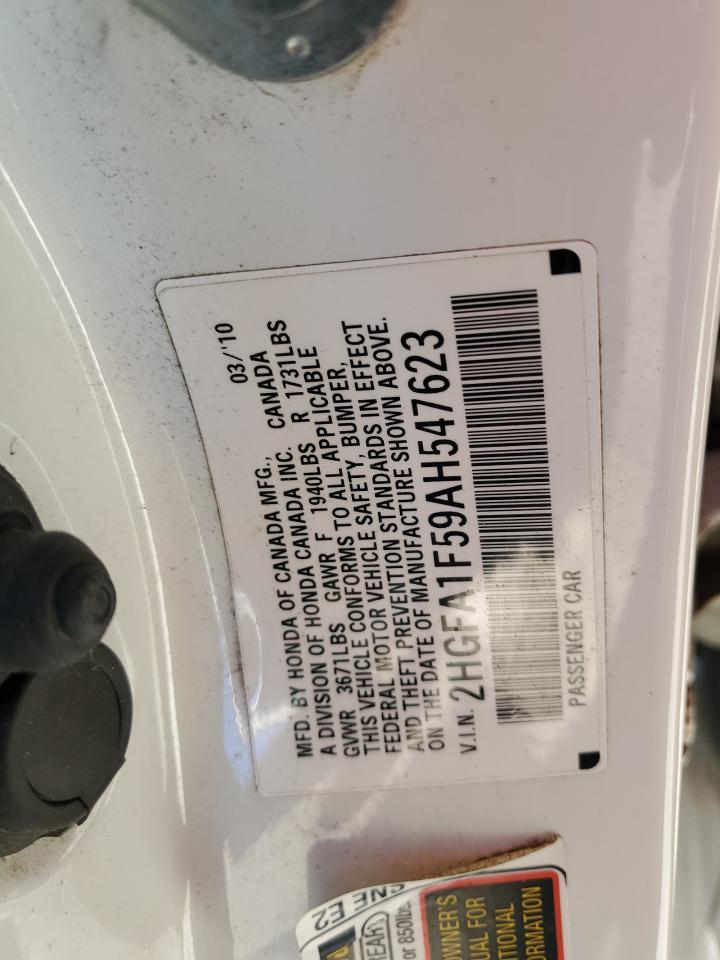 2010 Honda Civic VIN 2HGFA1F59AH547623 Copart auction photo, front end damage thumbnail 12