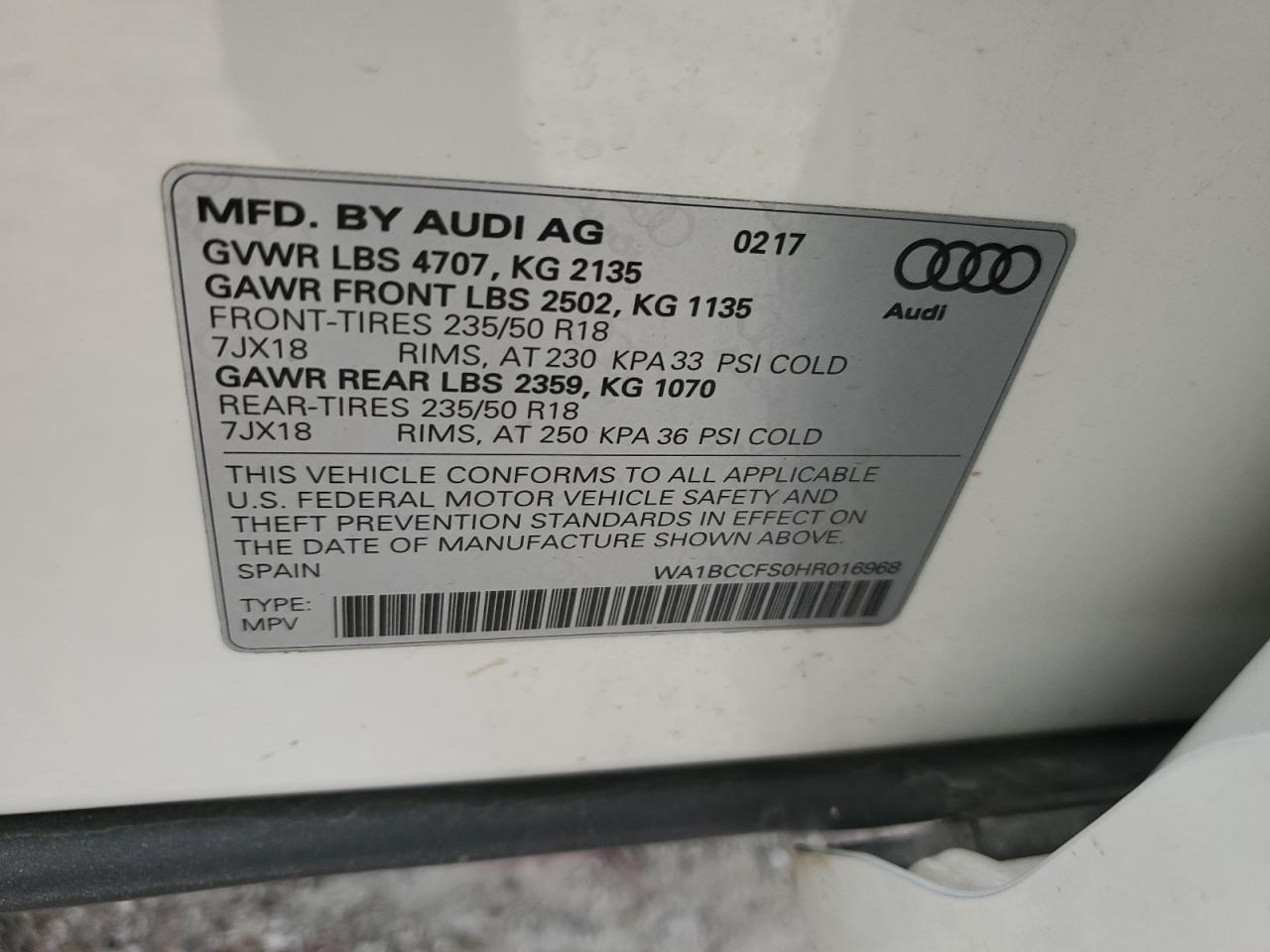 2017 Audi Q3 VIN WA1BCCFS0HR016968 Copart auction photo, front end damage thumbnail 13