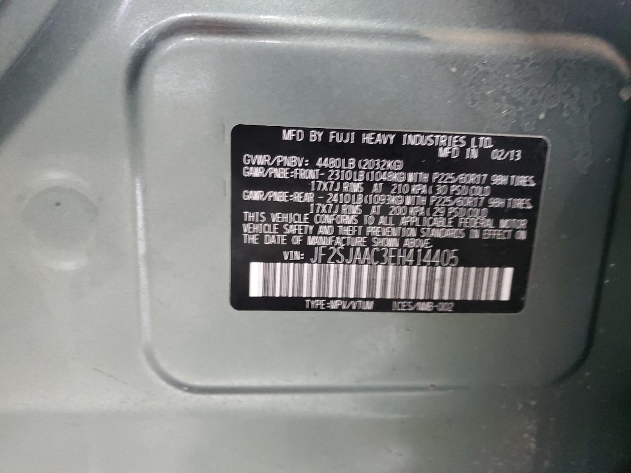 2014 Subaru Forester VIN JF2SJAAC3EH414405 Copart auction photo, front end / rear end damage thumbnail 12