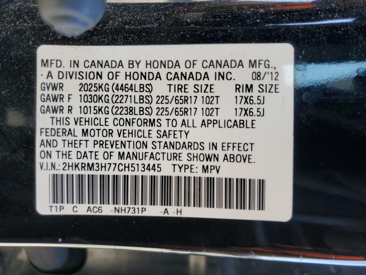 2012 Honda CR-V VIN 2HKRM3H77CH513445 Copart auction photo, front end damage thumbnail 15