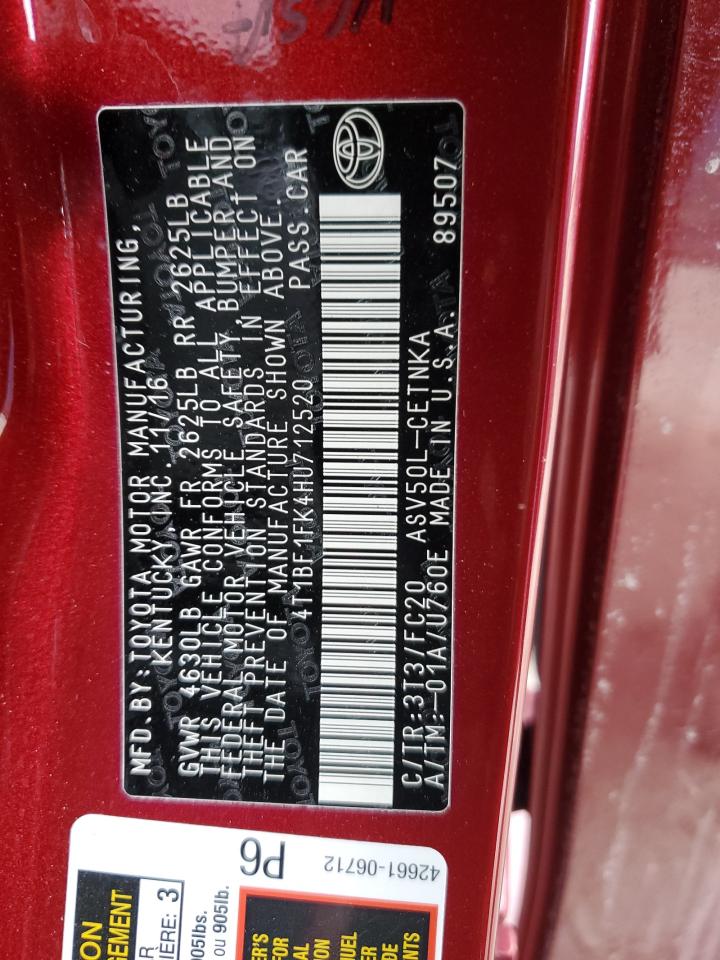 2017 Toyota Camry VIN 4T1BF1FK4HU712520 Copart auction photo, rear end / side damage thumbnail 12