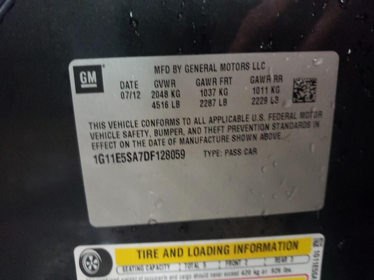 2013 Chevrolet Malibu VIN 1G11E5SA7DF128059 Copart auction photo, front end damage thumbnail 12