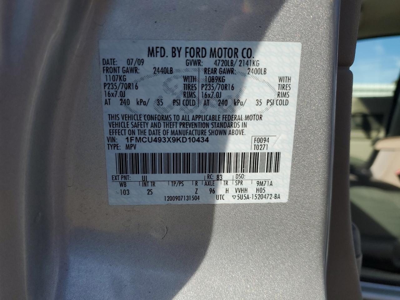 2009 Ford Escape VIN 1FMCU493X9KD10434 Copart auction photo, front end damage thumbnail 13