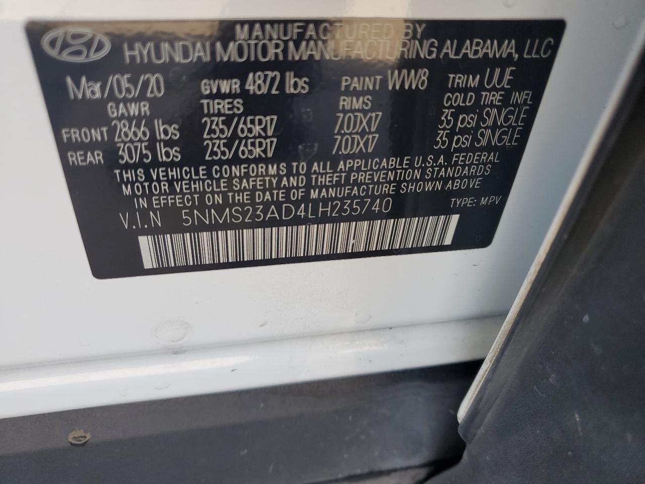 2020 Hyundai Santa Fe VIN 5NMS23AD4LH235740 Copart auction photo, rear end / front end damage thumbnail 14