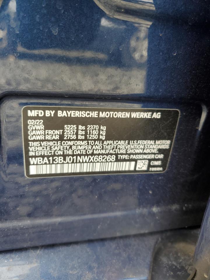 2022 BMW 5er VIN WBA13BJ01NWX68268 Copart auction photo, front end damage thumbnail 12