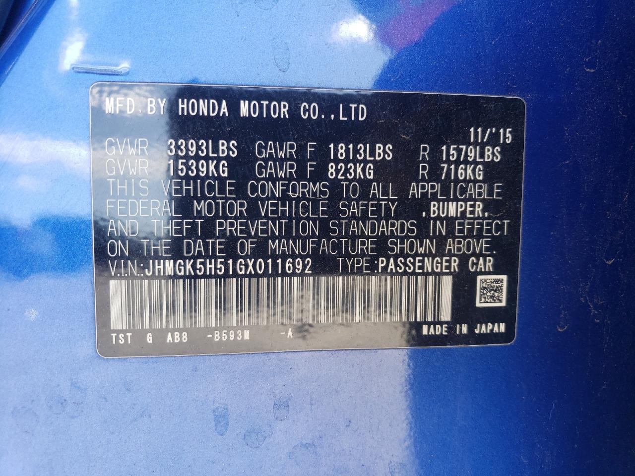2016 Honda Fit VIN JHMGK5H51GX011692 Copart auction photo, all over damage thumbnail 14
