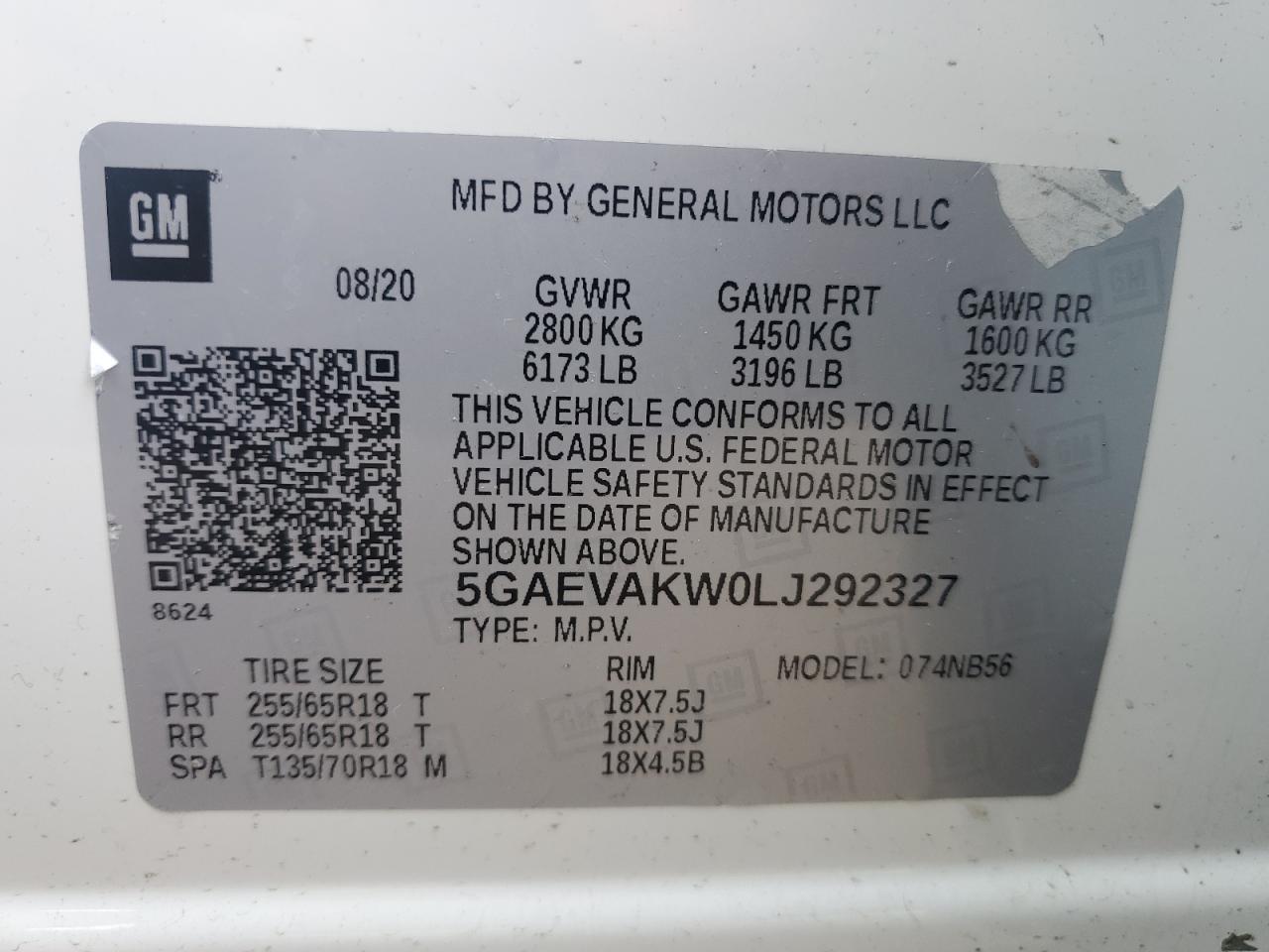 2020 Buick Enclave VIN 5GAEVAKW0LJ292327 Copart auction photo, front end damage thumbnail 16