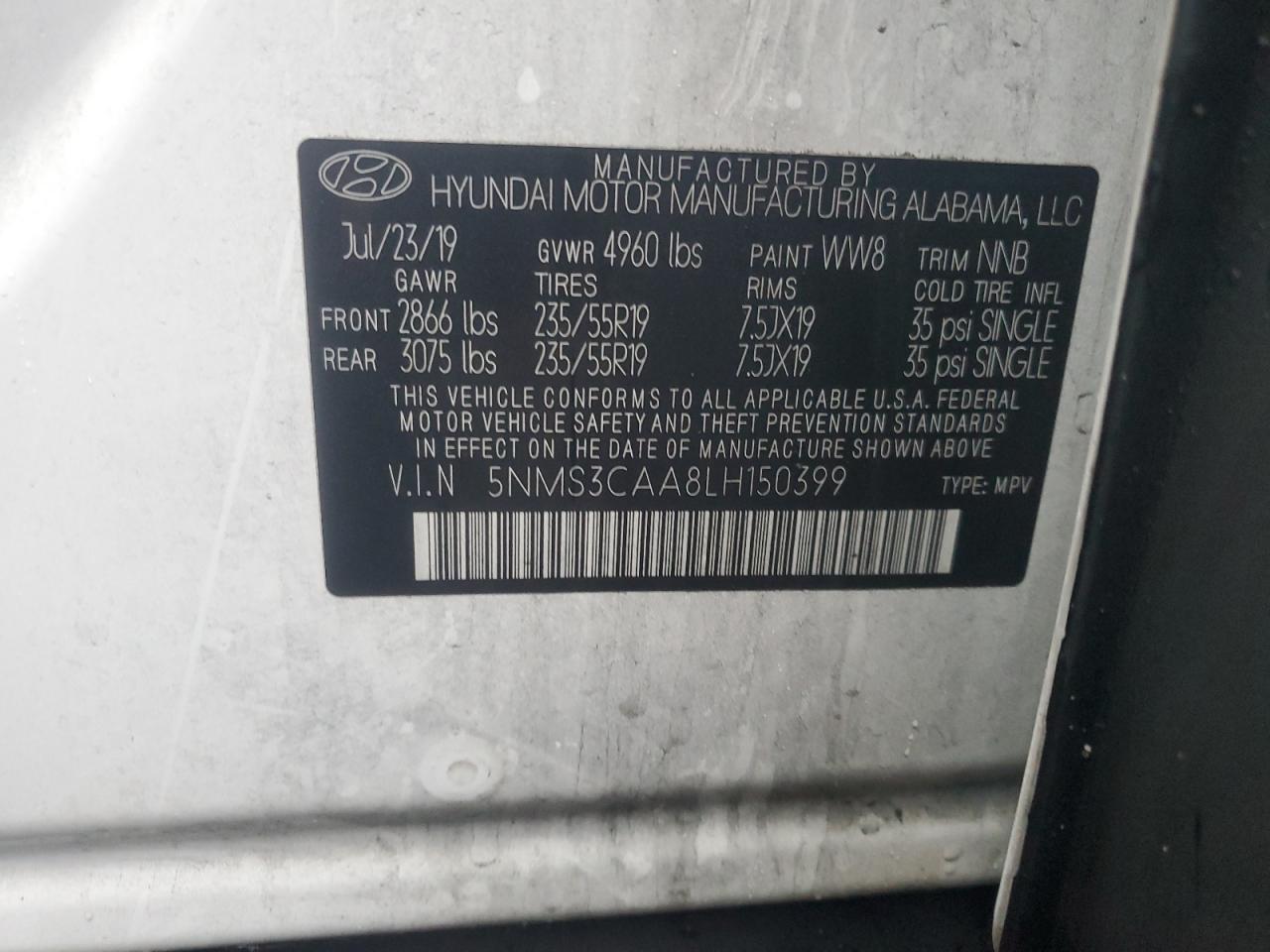 2020 Hyundai Santa Fe VIN 5NMS3CAA8LH150399 Copart auction photo, front end damage thumbnail 14