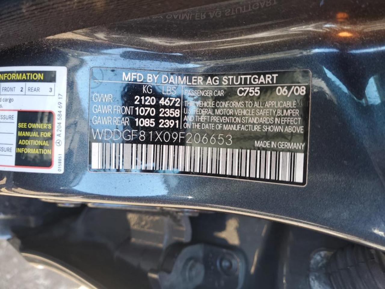 2009 Mercedes-Benz C-klasse VIN WDDGF81X09F206653 Copart auction photo, side / rear end damage thumbnail 12
