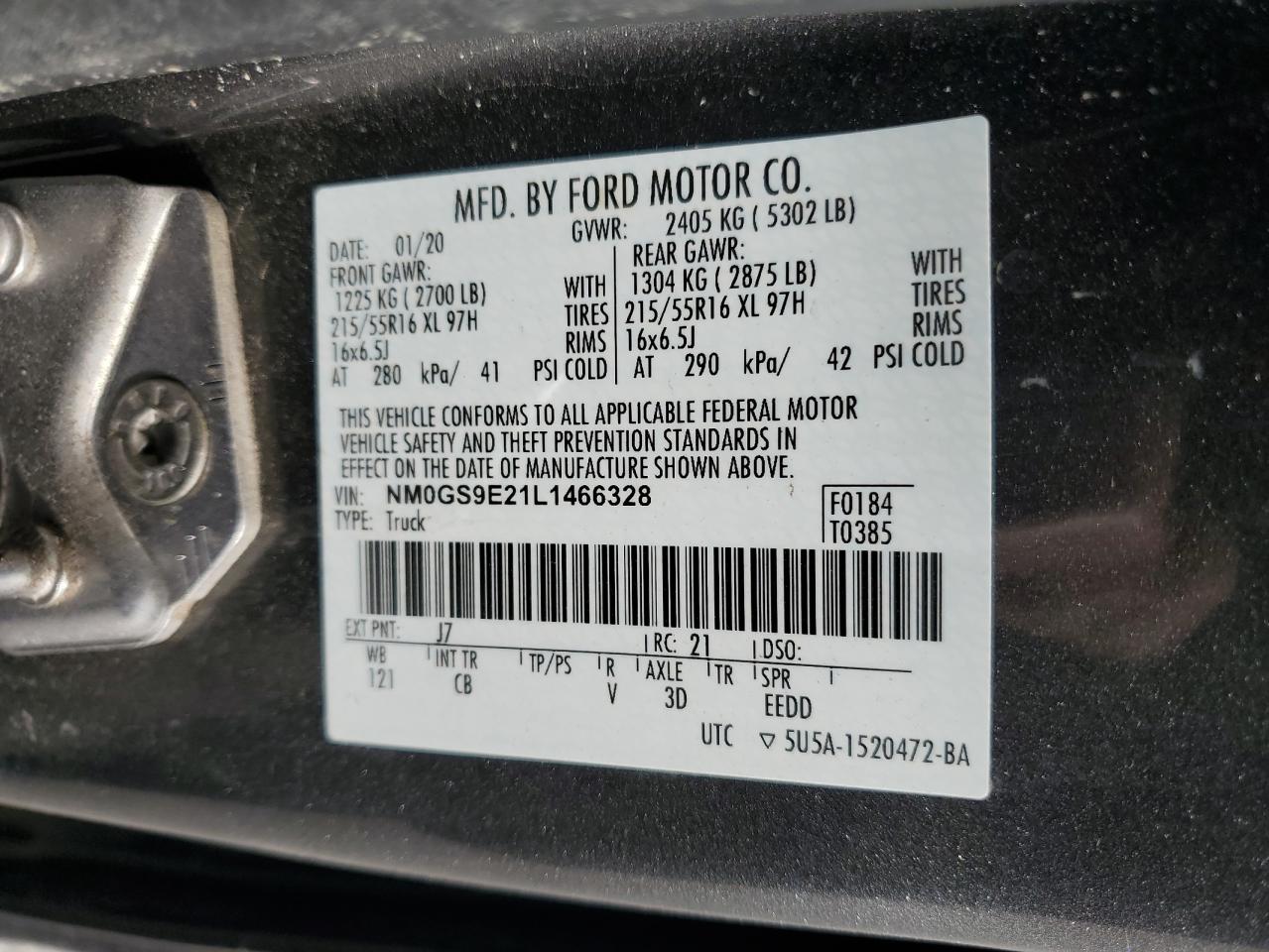2020 Ford Transit VIN NM0GS9E21L1466328 Copart auction photo, rear end / side damage thumbnail 13