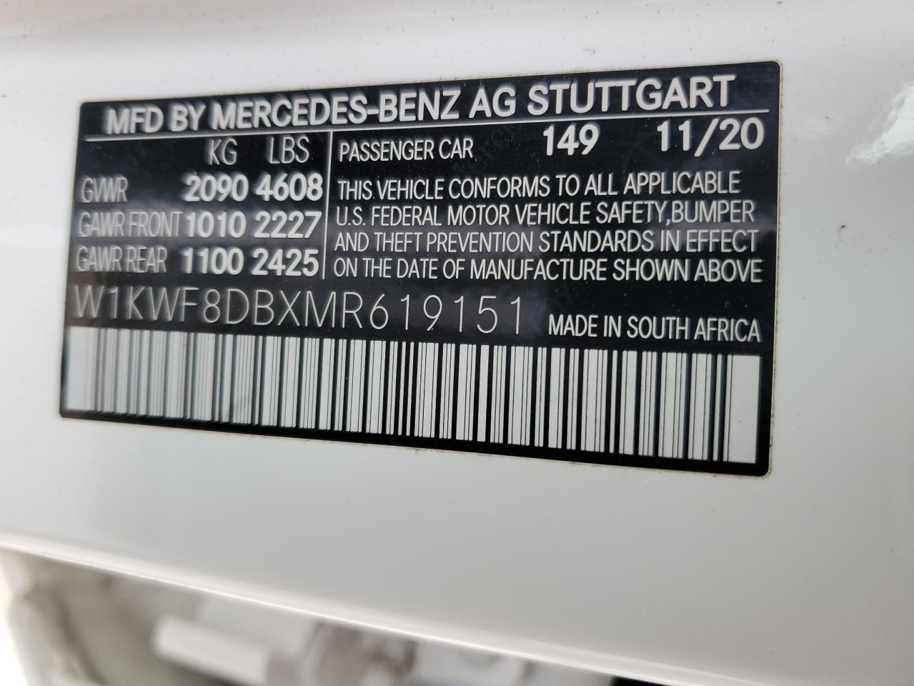 2021 Mercedes-Benz C-klasse VIN W1KWF8DBXMR619151 Copart auction photo, front end / rear end damage thumbnail 13