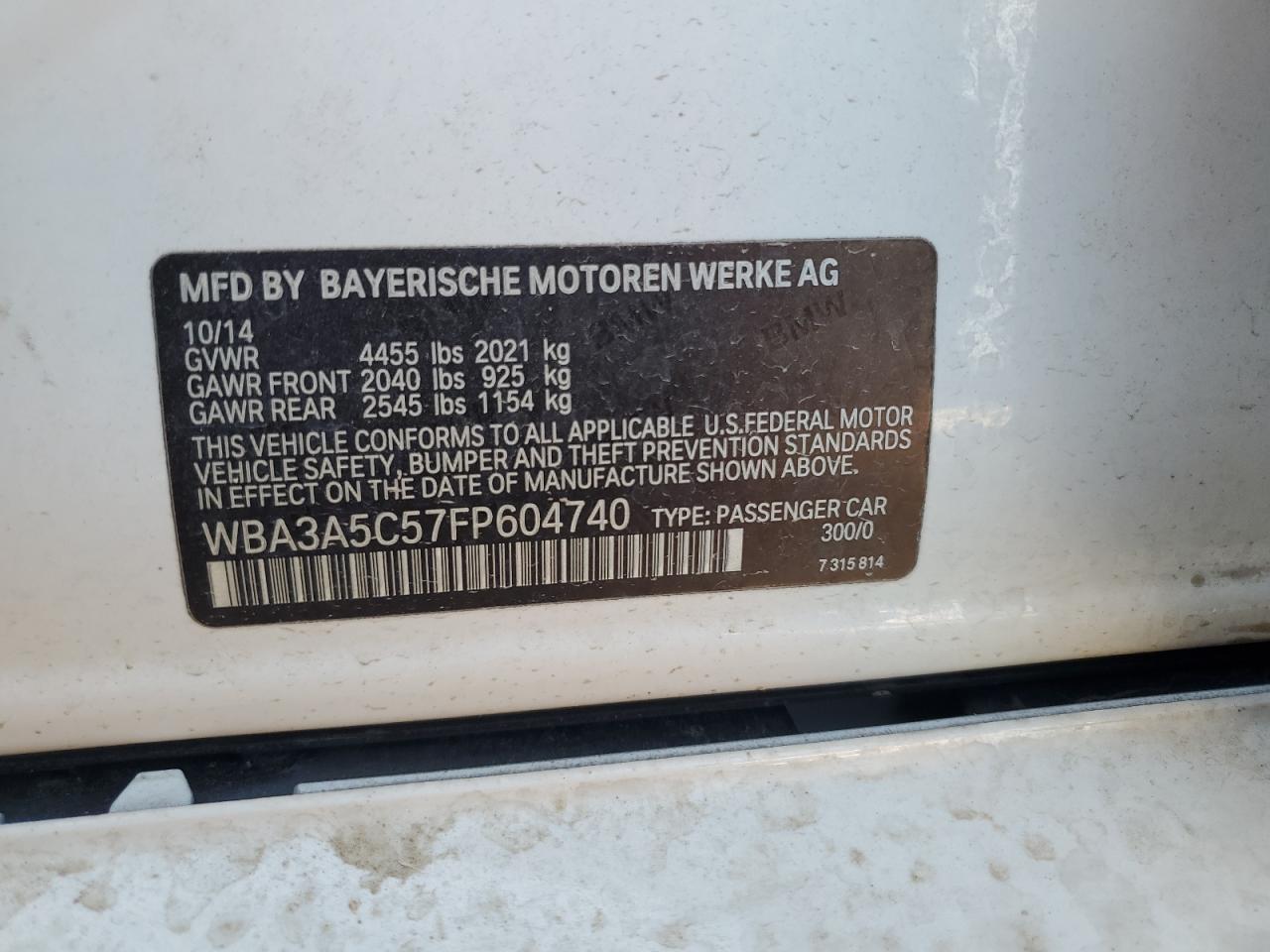 2015 BMW 3er VIN WBA3A5C57FP604740 Copart auction photo, front end damage thumbnail 14