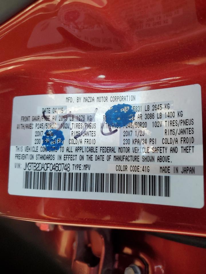 2015 Mazda CX-9 VIN JM3TB2DA0F0460748 Copart auction photo, all over damage thumbnail 13
