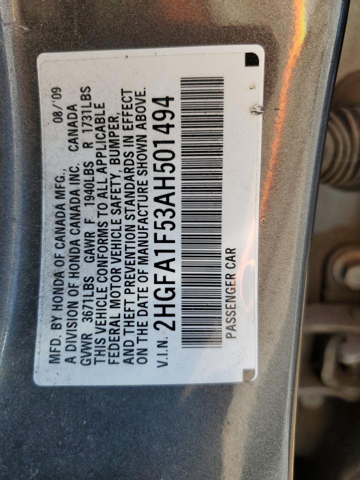 2010 Honda Civic VIN 2HGFA1F53AH501494 Copart auction photo, front end damage thumbnail 14