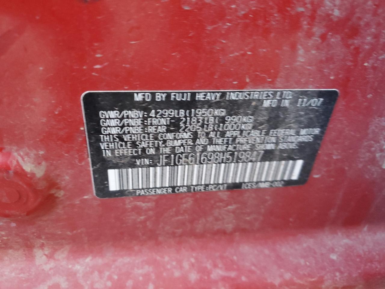 2008 Subaru Impreza VIN JF1GE61698H519847 Copart auction photo, front end damage thumbnail 12
