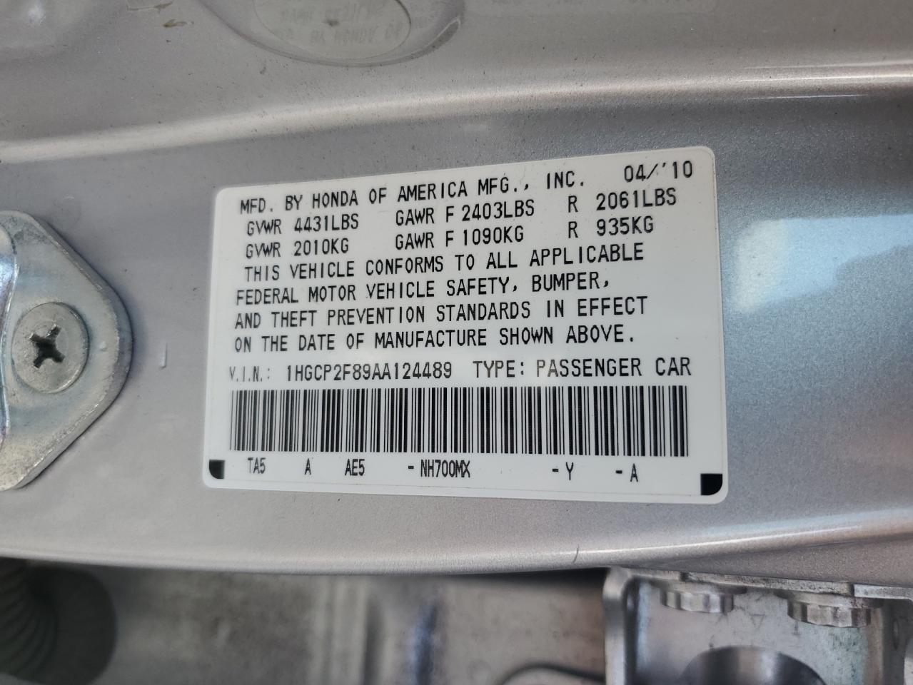 2010 Honda Accord VIN 1HGCP2F89AA124489 Copart auction photo, front end damage thumbnail 14