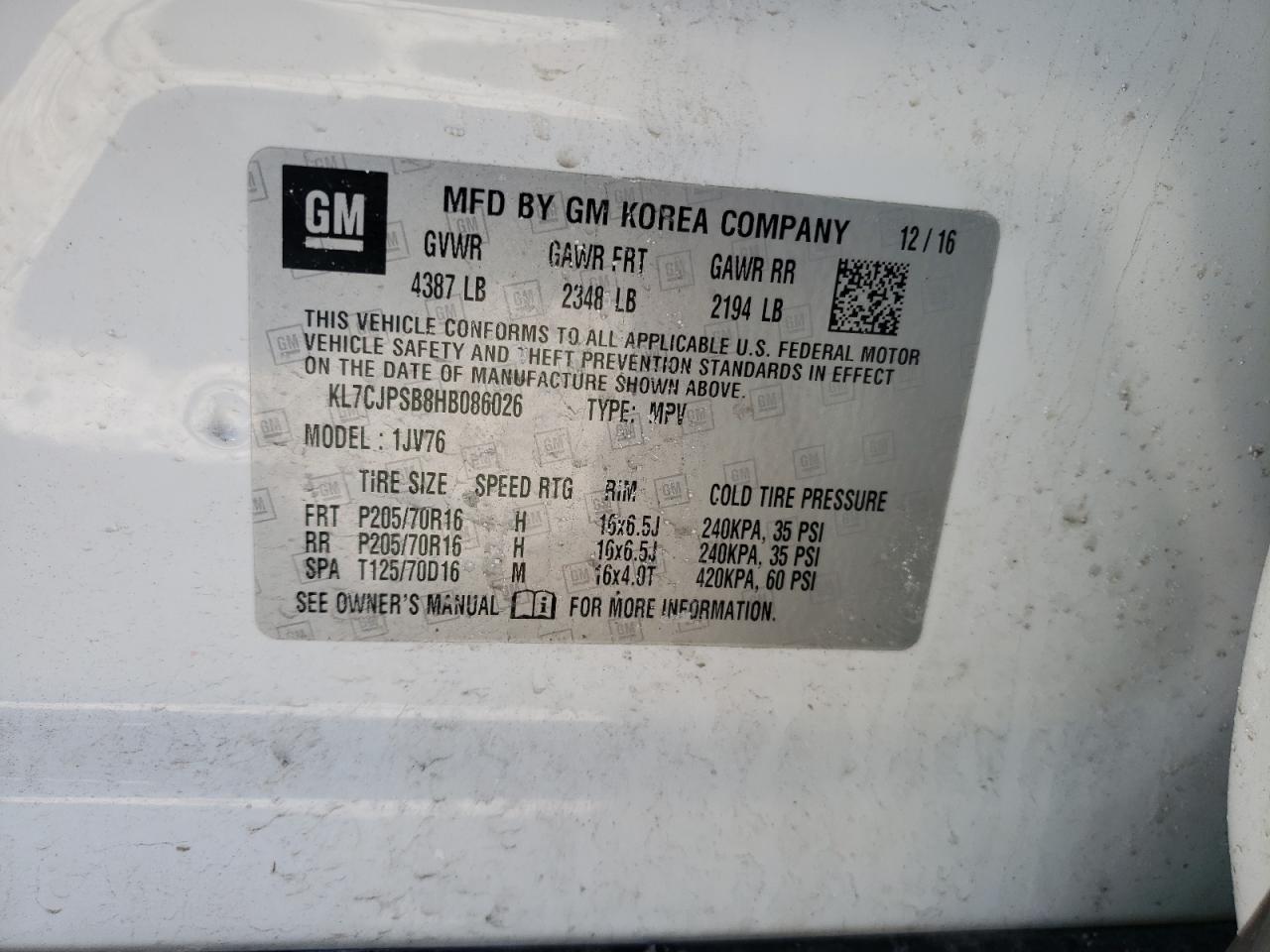 2017 Chevrolet Trax VIN KL7CJPSB8HB086026 Copart auction photo, front end damage thumbnail 12