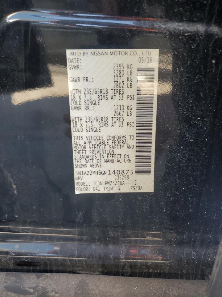2016 Nissan Murano VIN 5N1AZ2MH6GN140875 Copart auction photo, front end damage thumbnail 13