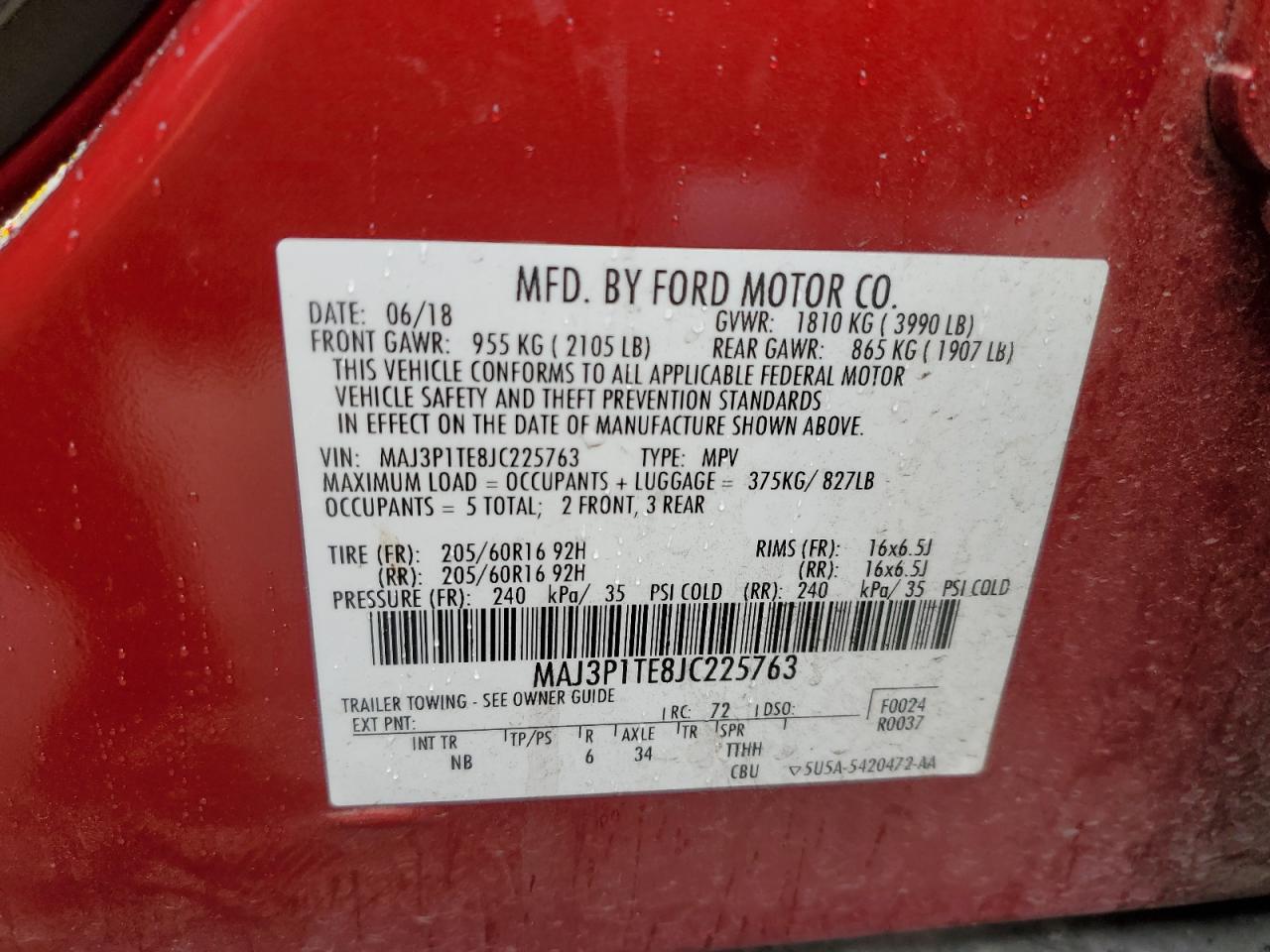 2018 Ford EcoSport VIN MAJ3P1TE8JC225763 Copart auction photo, front end damage thumbnail 14