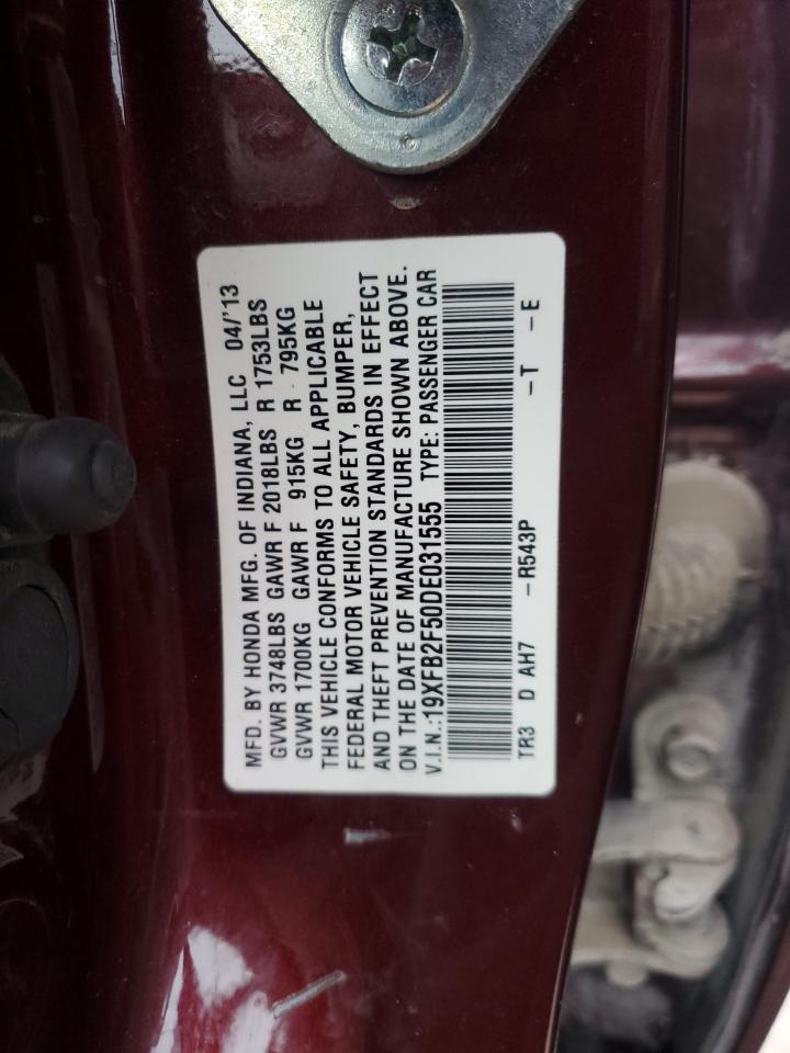 2013 Honda Civic VIN 19XFB2F50DE031555 Copart auction photo, front end / minor dent/scratches damage thumbnail 12