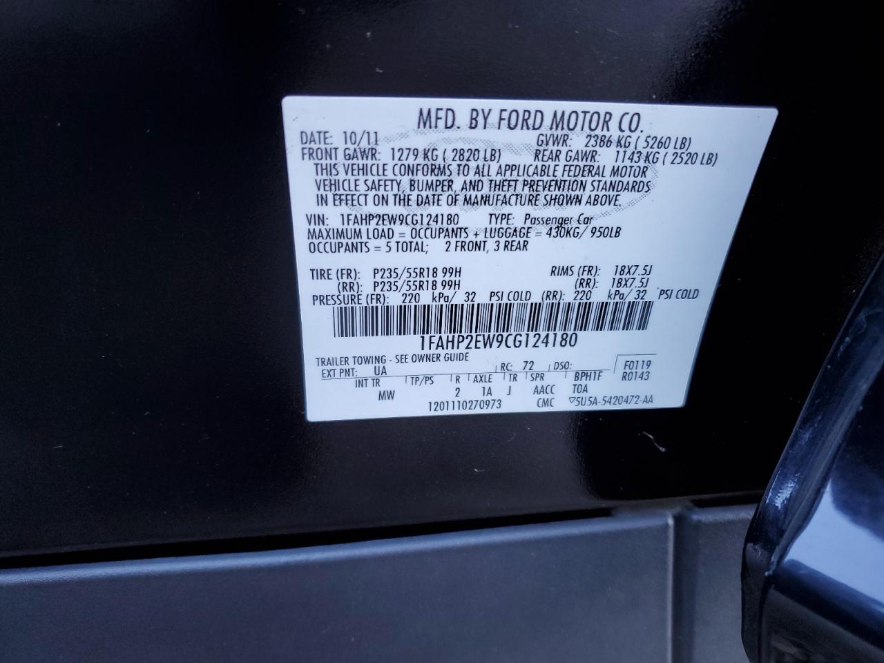 2012 Ford Taurus VIN 1FAHP2EW9CG124180 Copart auction photo, front end damage thumbnail 13