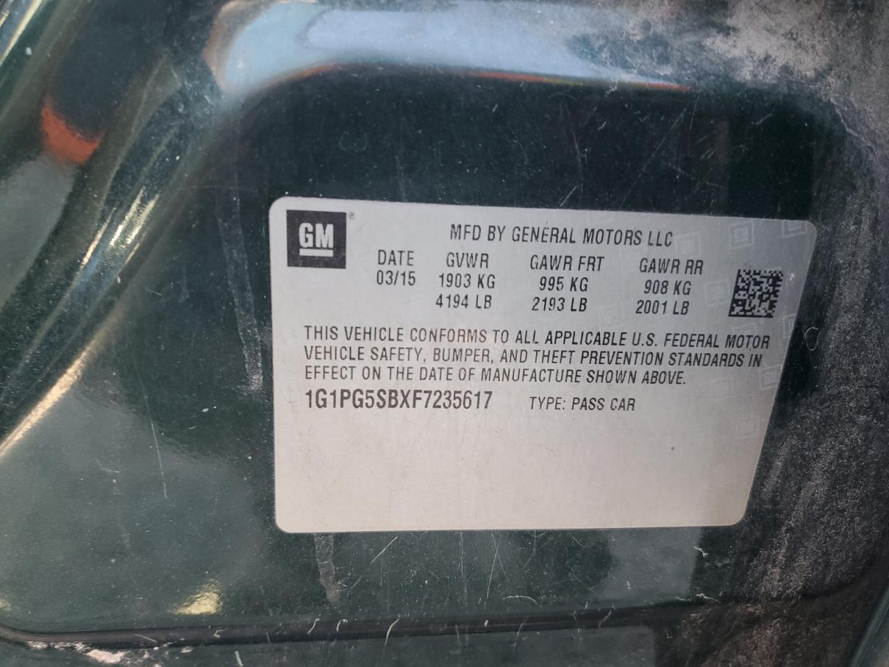 2015 Chevrolet Cruze VIN 1G1PG5SBXF7235617 Copart auction photo, front end / side damage thumbnail 13