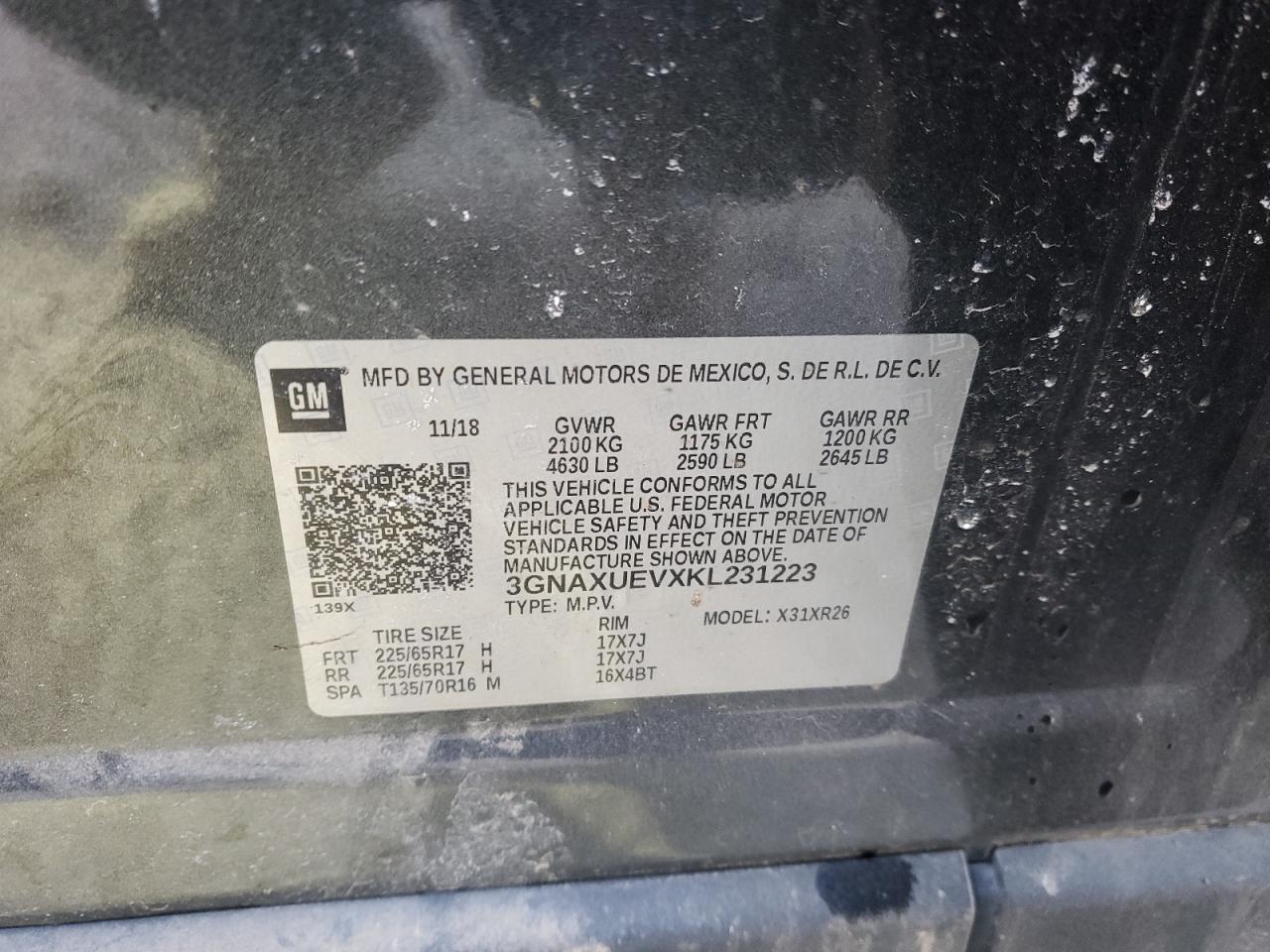 2019 Chevrolet Equinox VIN 3GNAXUEVXKL231223 Copart auction photo, all over damage thumbnail 14