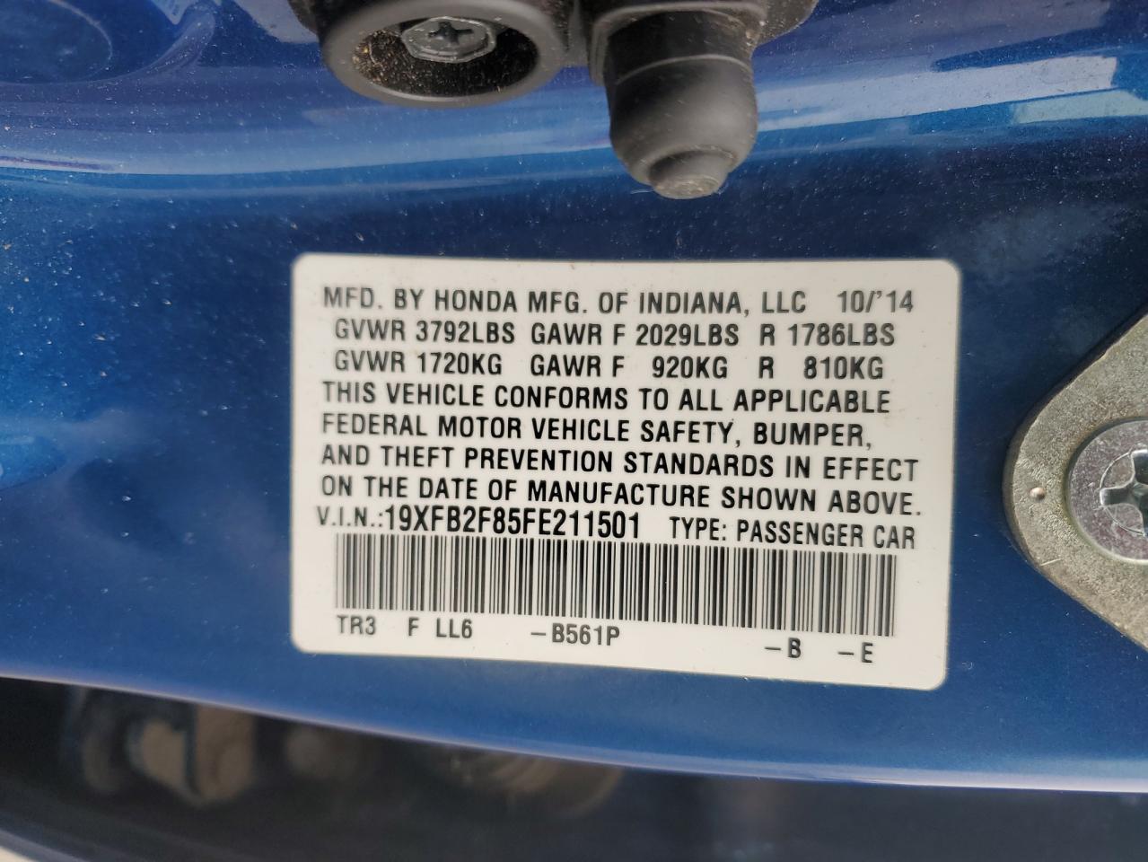 2015 Honda Civic VIN 19XFB2F85FE211501 Copart auction photo, front end / mechanical damage thumbnail 13