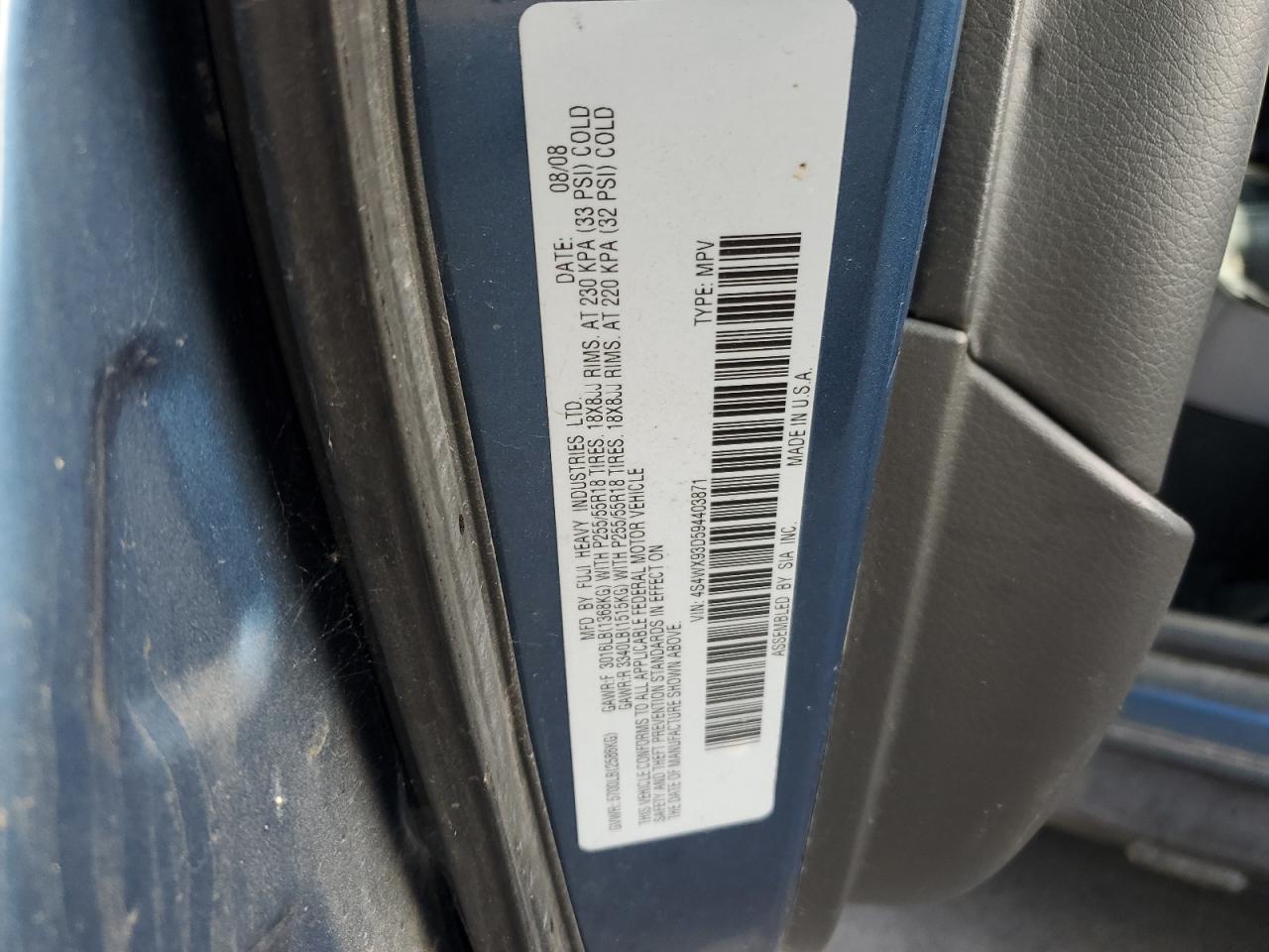 2009 Subaru Tribeca VIN 4S4WX93D594403871 Copart auction photo, front end / rear end damage thumbnail 14
