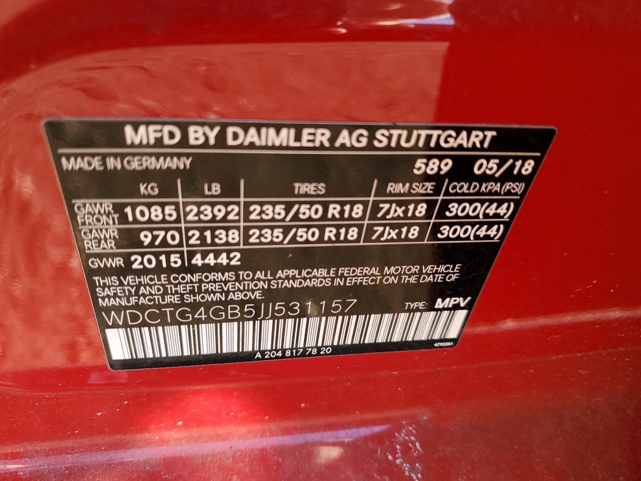 2018 Mercedes-Benz GLA-klasse VIN WDCTG4GB5JJ531157 Copart auction photo, front end / minor dent/scratches damage thumbnail 12