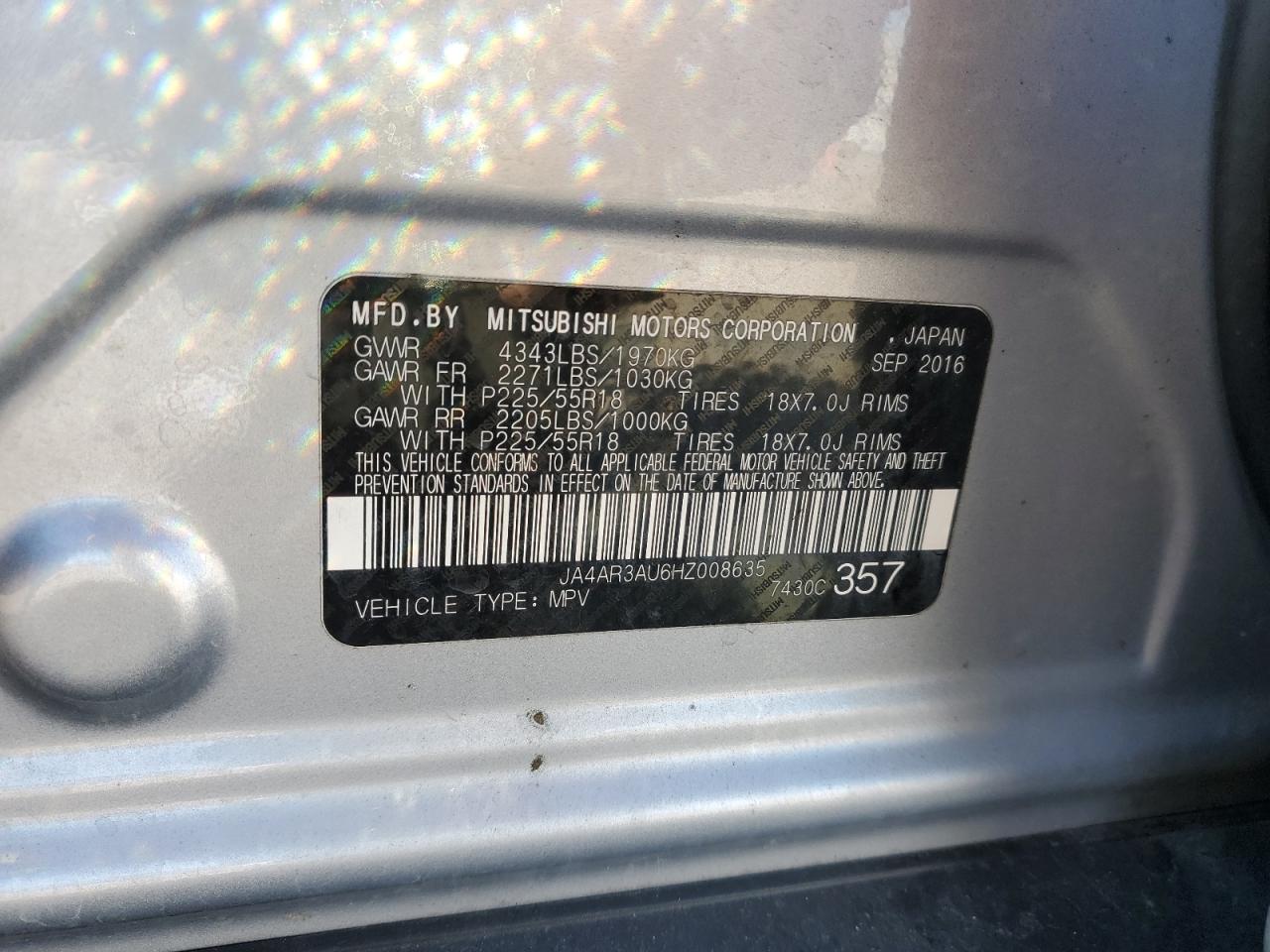 2017 Mitsubishi Outlander VIN JA4AR3AU6HZ008635 Copart auction photo, front end damage thumbnail 13