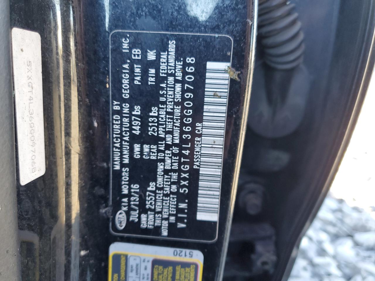 2016 KIA Optima VIN 5XXGT4L36GG097068 Copart auction photo, burn damage thumbnail 12