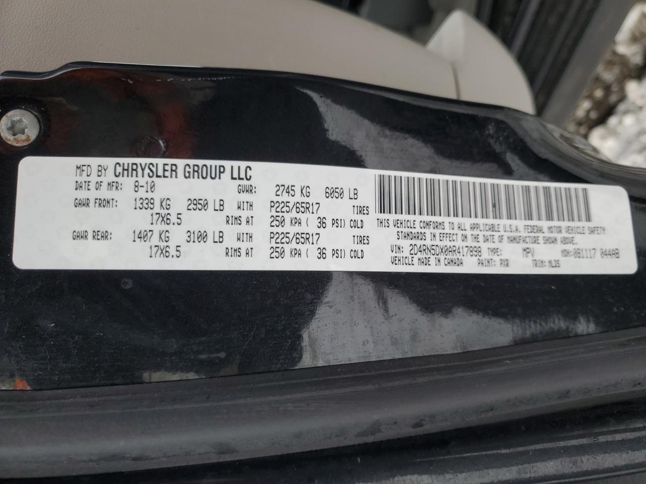 2010 Dodge Caravan VIN 2D4RN5DX0AR417898 Copart auction photo, rear end damage thumbnail 13