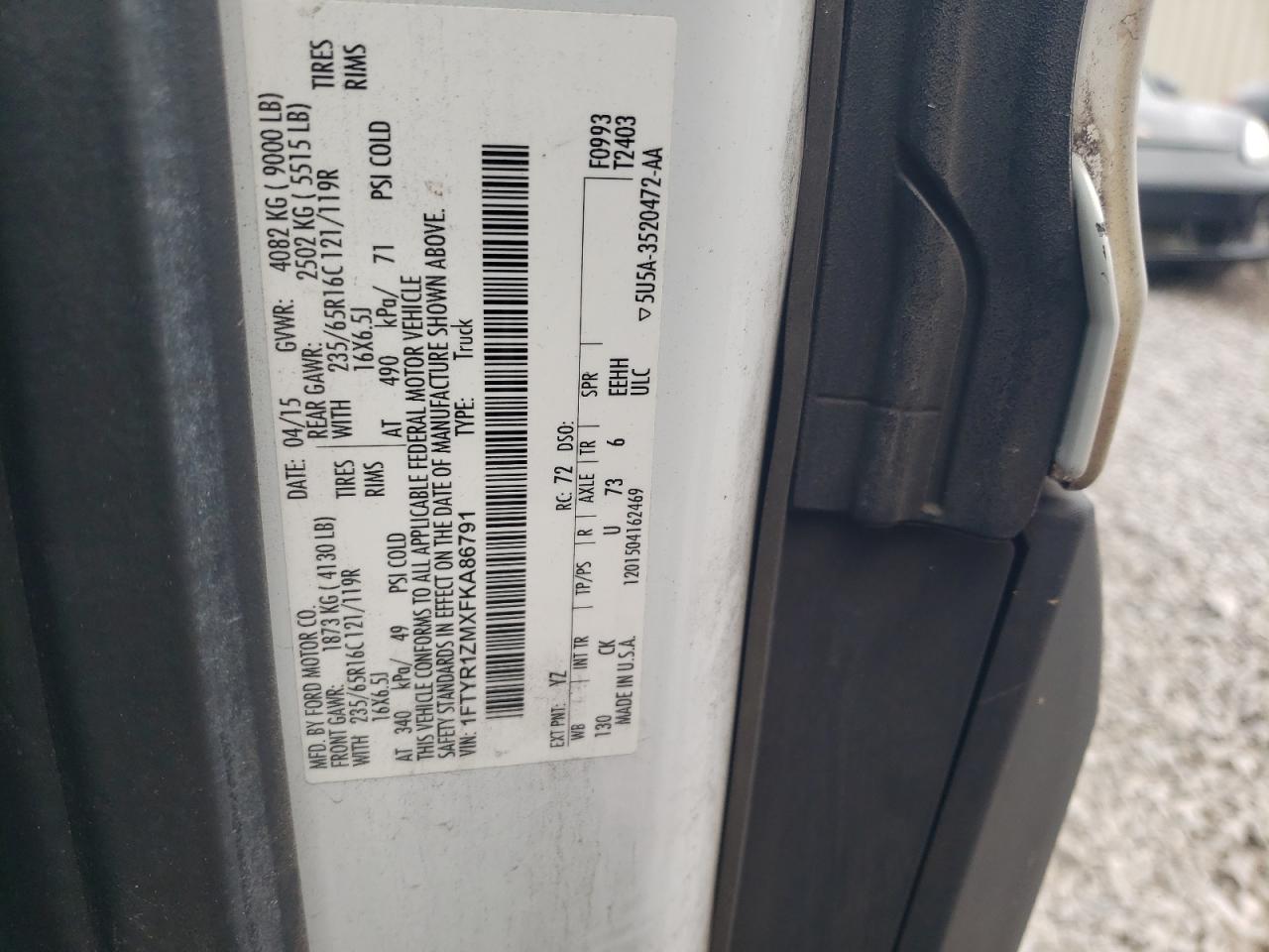 2015 Ford Transit VIN 1FTYR1ZMXFKA86791 Copart auction photo, front end damage thumbnail 13