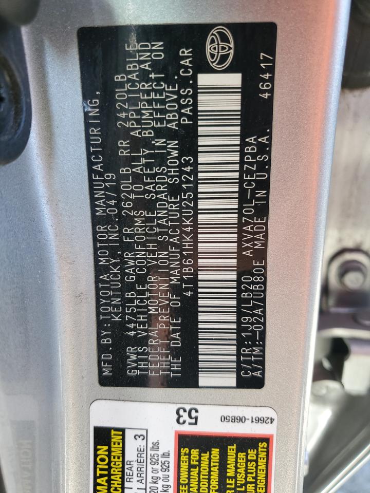 2019 Toyota Camry VIN 4T1B61HK4KU251243 Copart auction photo, side damage thumbnail 12