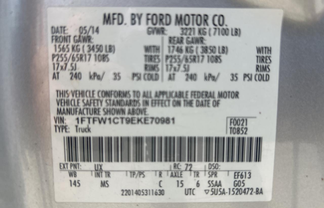 2014 Ford F-150 VIN 1FTFW1CT9EKE70981 Copart auction photo, normal wear damage thumbnail 10