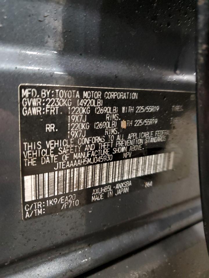 2021 Toyota Venza VIN JTEAAAAH5MJ045930 Copart auction photo, rollover damage thumbnail 12