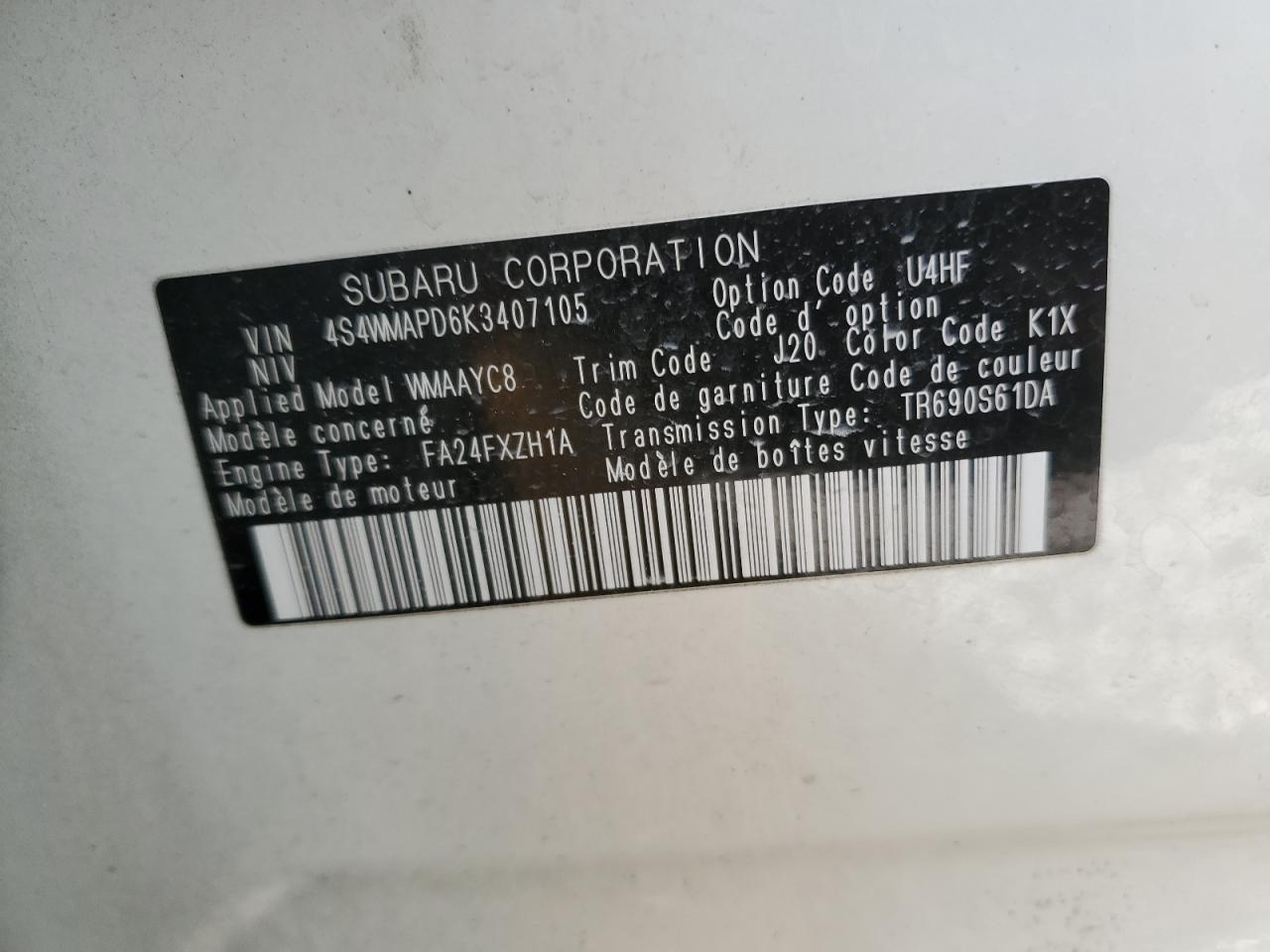 2019 Subaru Ascent VIN 4S4WMAPD6K3407105 Copart auction photo, burn - engine damage thumbnail 12