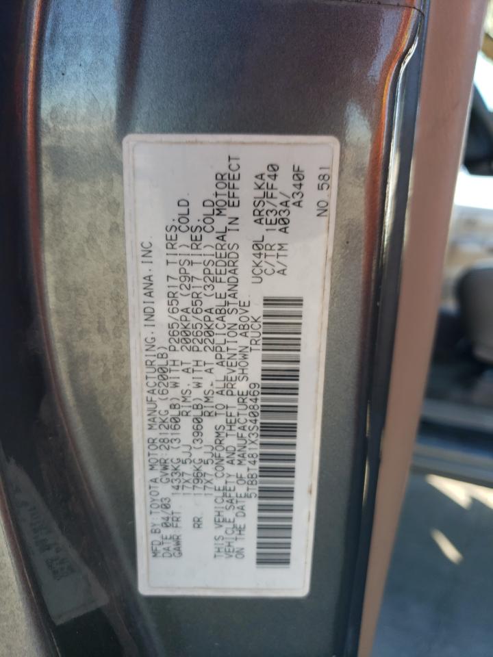 2003 Toyota Tundra VIN 5TBBT481X3S408469 Copart auction photo, minor dent/scratches damage thumbnail 12