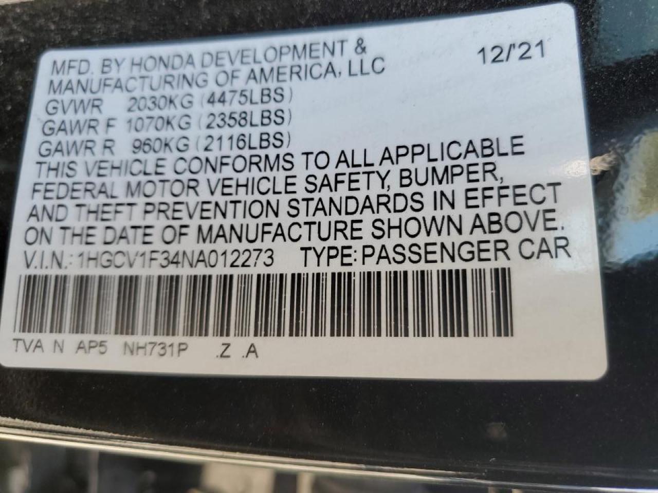 2022 Honda Accord VIN 1HGCV1F34NA012273 Copart auction photo, front end damage thumbnail 14