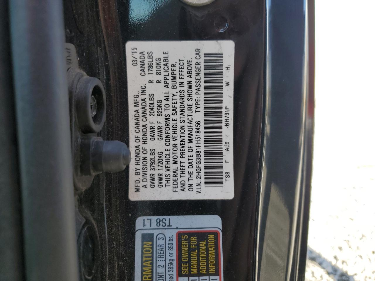 2015 Honda Civic VIN 2HGFG3B81FH518456 Copart auction photo, front end damage thumbnail 15